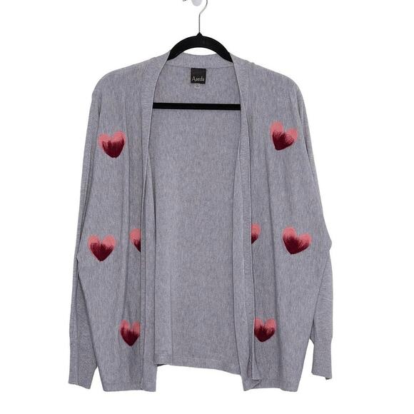 Aaeda Open Front Heart Cardigan | Soft Girl Coquette | Gray Red Pink Hearts | L - Picture 1 of 6